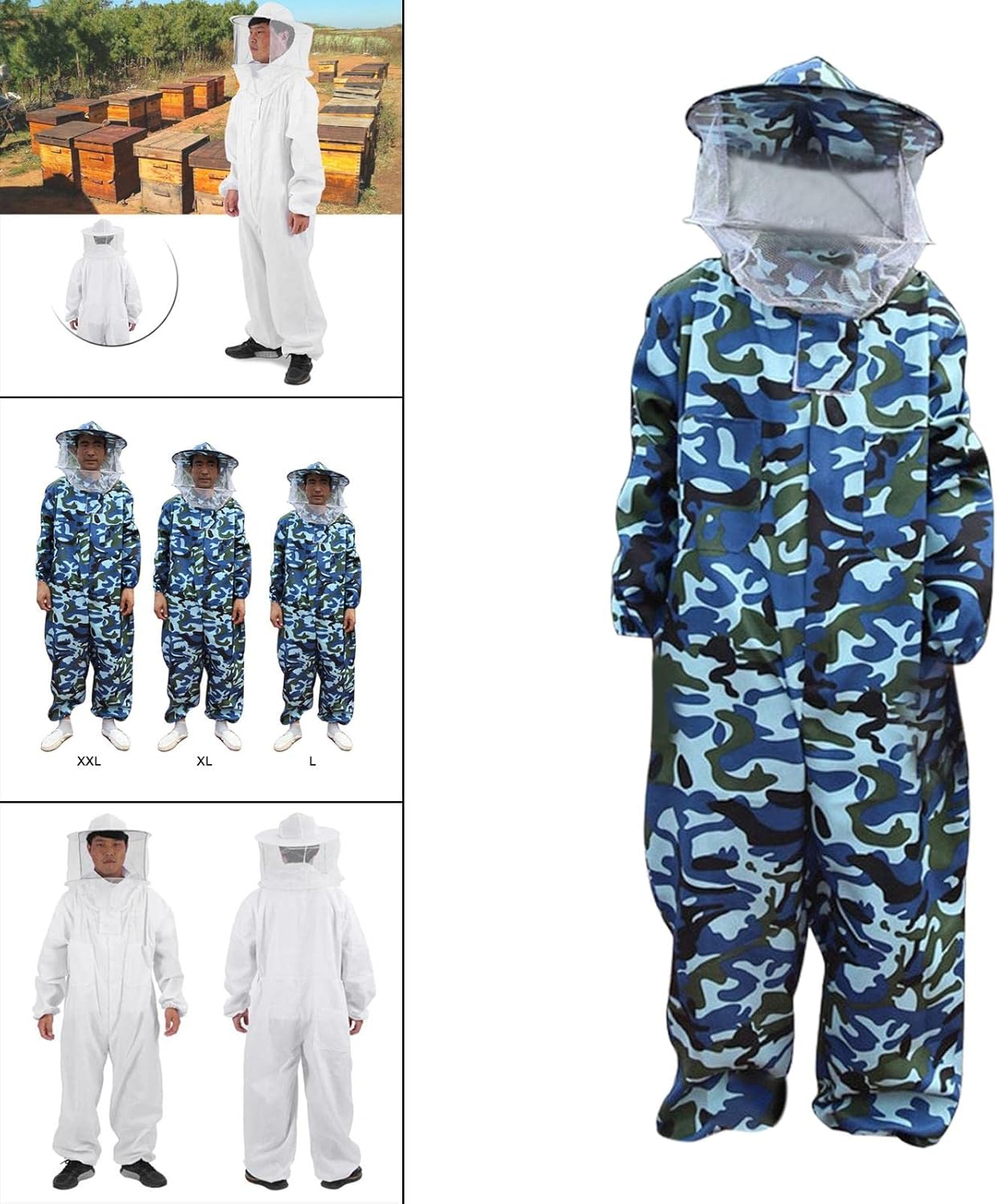 Bee Jacket,Professional Soft Beekeeping,Beekeeping Veil Protective Equipment,Full Keeper Suit with Beekeeper Hat for Men Women (Camouflage Blue XL)