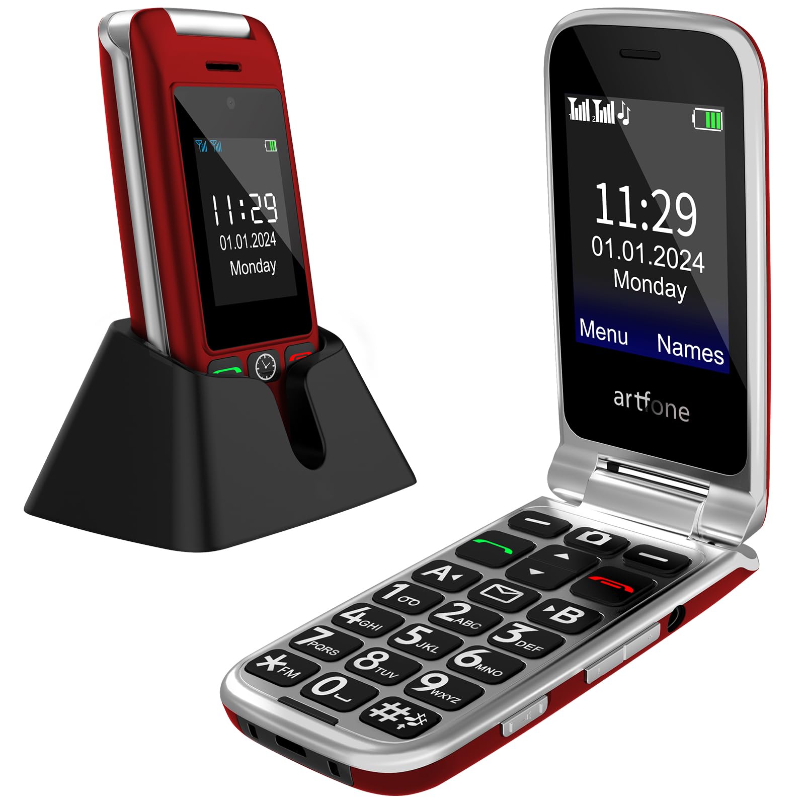artfone C10 Telefono Cellulare Anziani Cellulare per Anziani Telefono per Anziani a Conchiglia Tasti Grandi 2,4'' Display Volume Alto Funzione SOS (rosso)