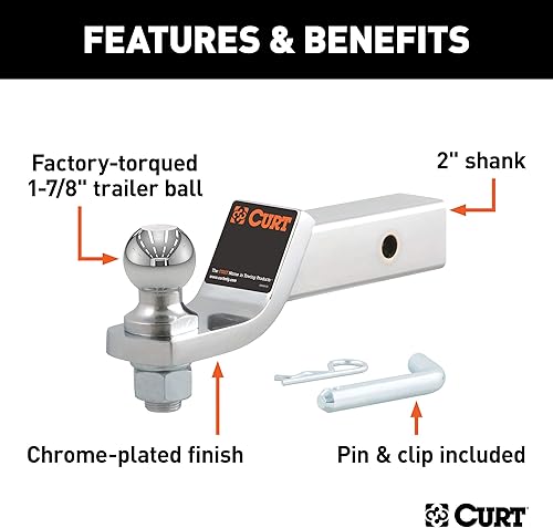 Miniatura 3 de CURT 45293 Soporte de enganche de remolque cromado con bola y pasador de 1-7/8 pulgadas, se adapta a receptor de 2 pulgadas, 7,500 libras, caída de