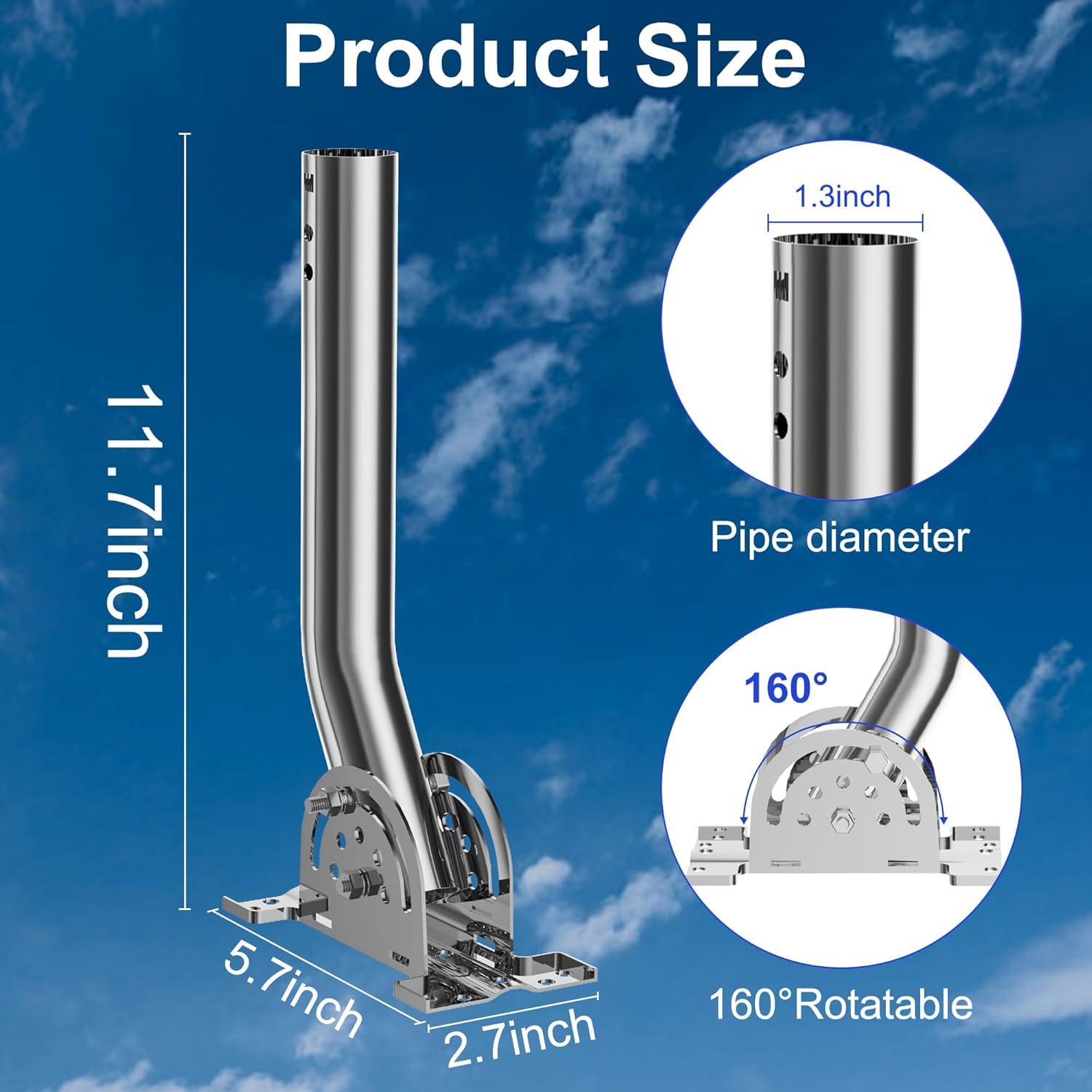 Supporto per Asta Antenna Heavy Duty in Acciaio Inox, Palo/Staffa da Parete Regolabile con Braccio Pivotante a J, 12''H x 1,38'' Dia, per Antenne Esterne, Sensori Meteo Wireless, Access Point