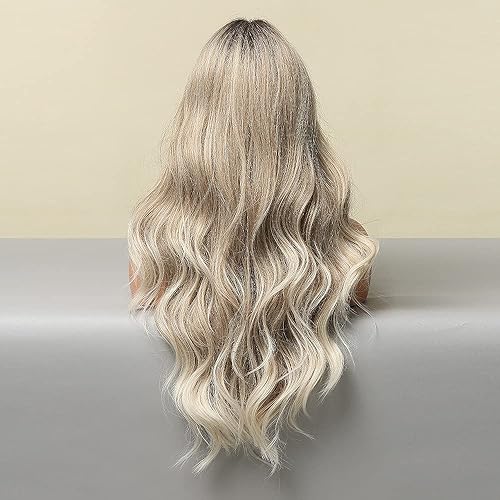 Miniatura 3 de ROVAYA Peluca larga ondulada mixta de color rubio ceniza para mujer, peluca sintética con raya en medio, peluca ondulada natural como cabello