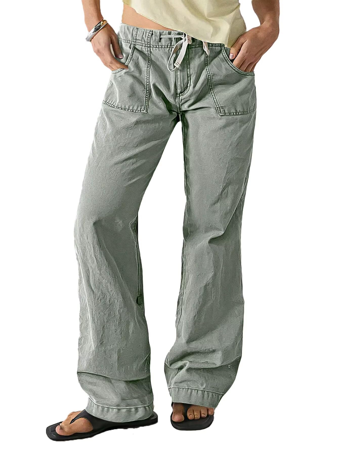 Flamingals Straight Leg Pants for Women Mid Rise Casual Drawstring Solid Patch Pocket Bootcut Pants