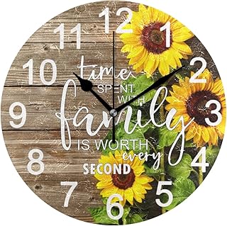 Autumn Sunflowers Wooden Round Wall Clock for Kitchen Bathroom Silent Non Ticking Decorative Wall Clock Battery Operated Home Office Art Clock, 9.5 Inch