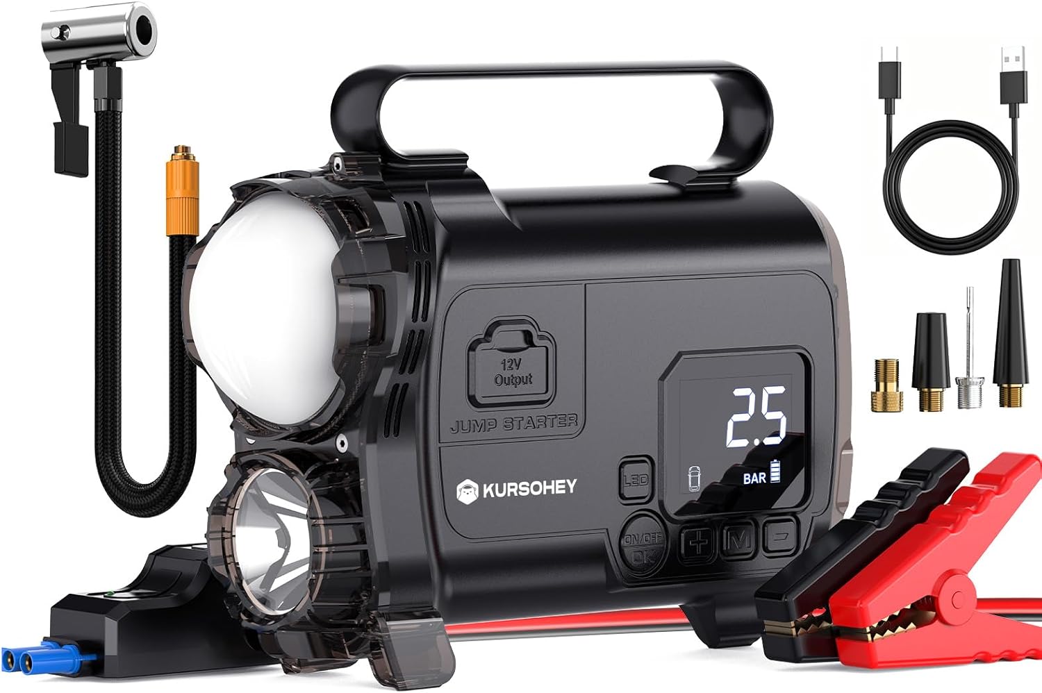 Battery Jumper Starter Portable,Jump Starter with Air Compressor, 6000A Portable 12V Jump Box Battery Pack for 9L Gas/7L Diesel Engines with Led Light, 150 PSI Booster, USB Power Bank, LED D