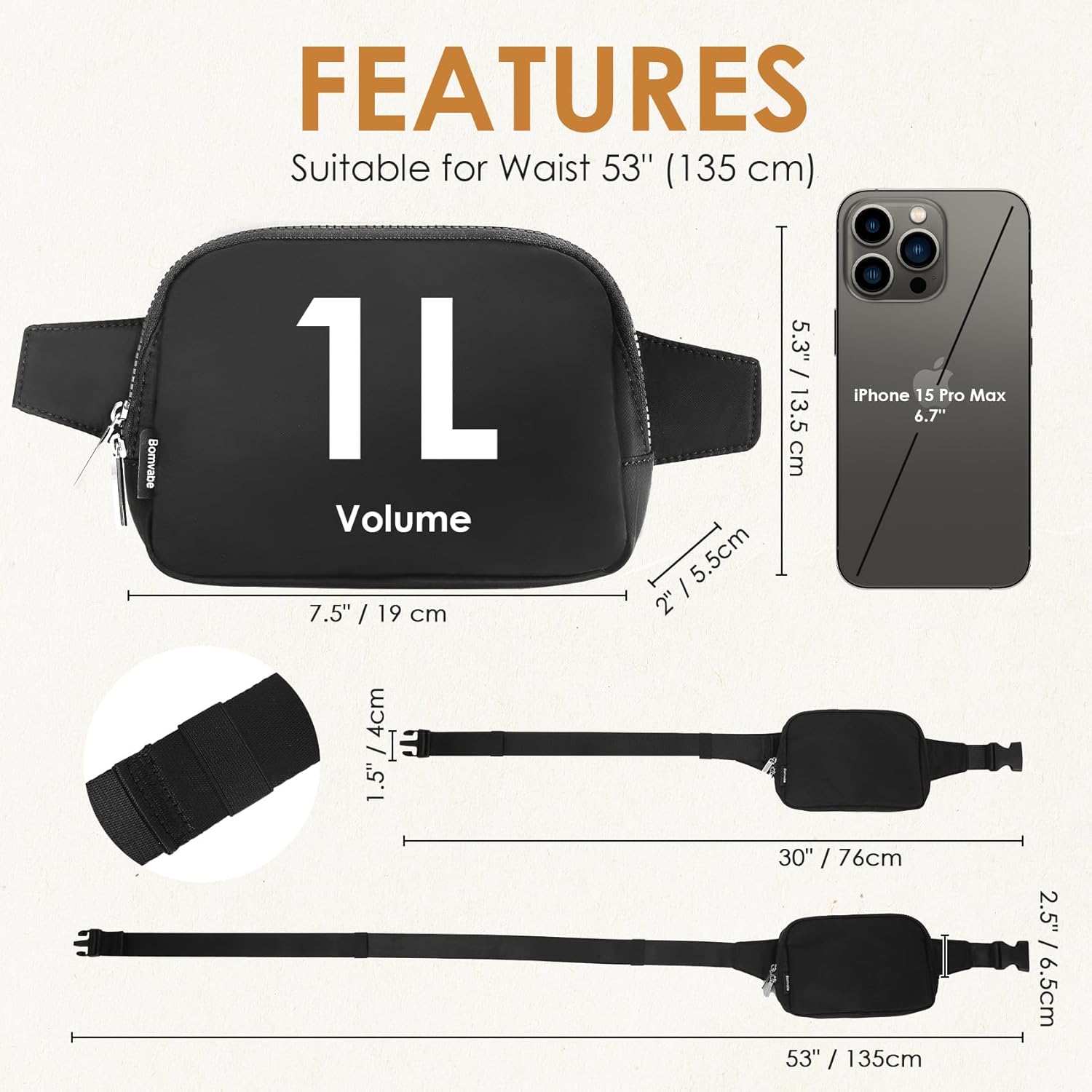 Black Fanny Pack 1L for Women with 2-way Zipper, Small Belt Bag with Adjustable Strap 53", Fashion Waist Bag with Multiple Pockets, Crossbody Bag for Travel Gym Running Hiking Cycling - Image 5