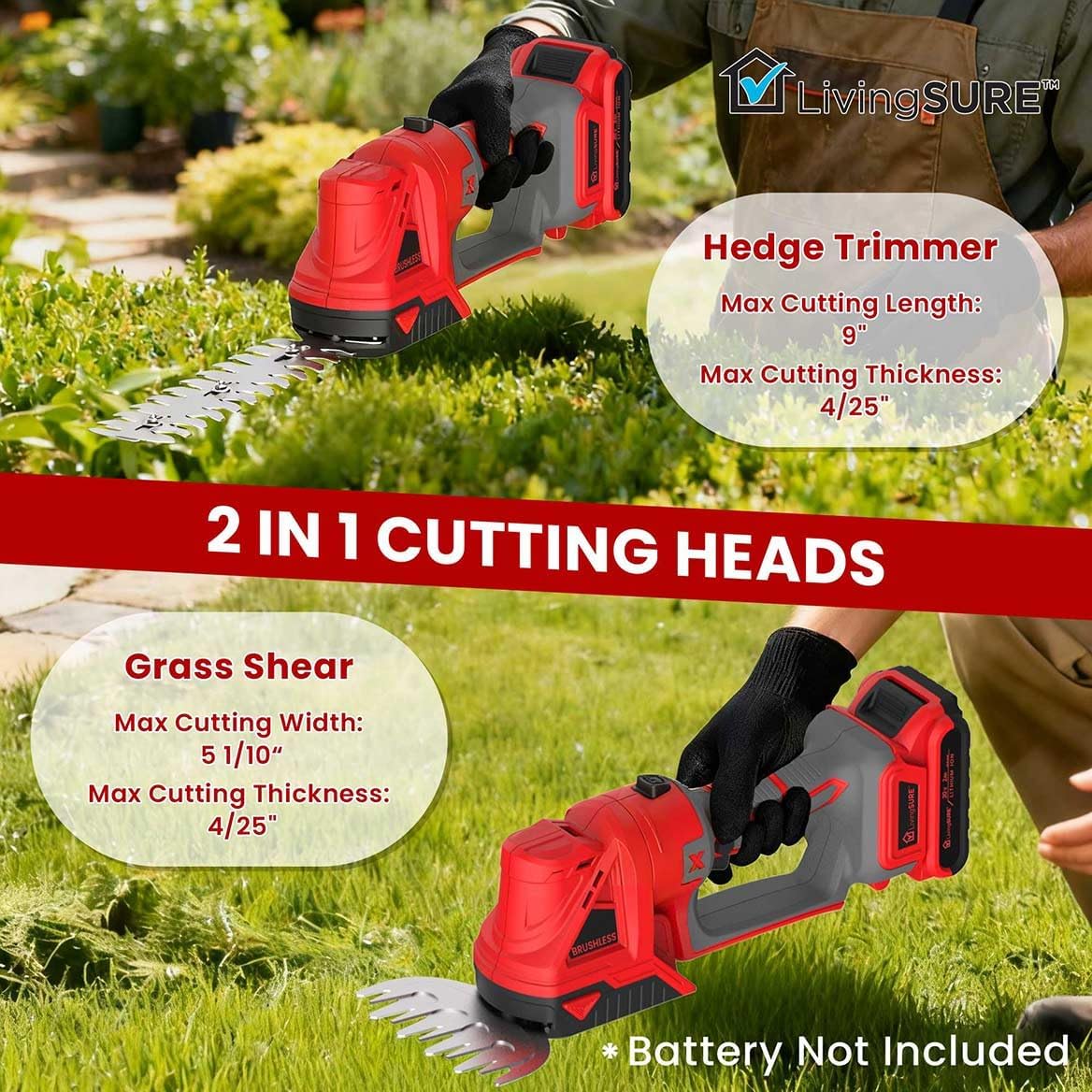 2-in-1 Cordless Mini Hedge Trimmer Electric Dual-Function Gardening Power by LivingSURE - Battery NOT Inluded
