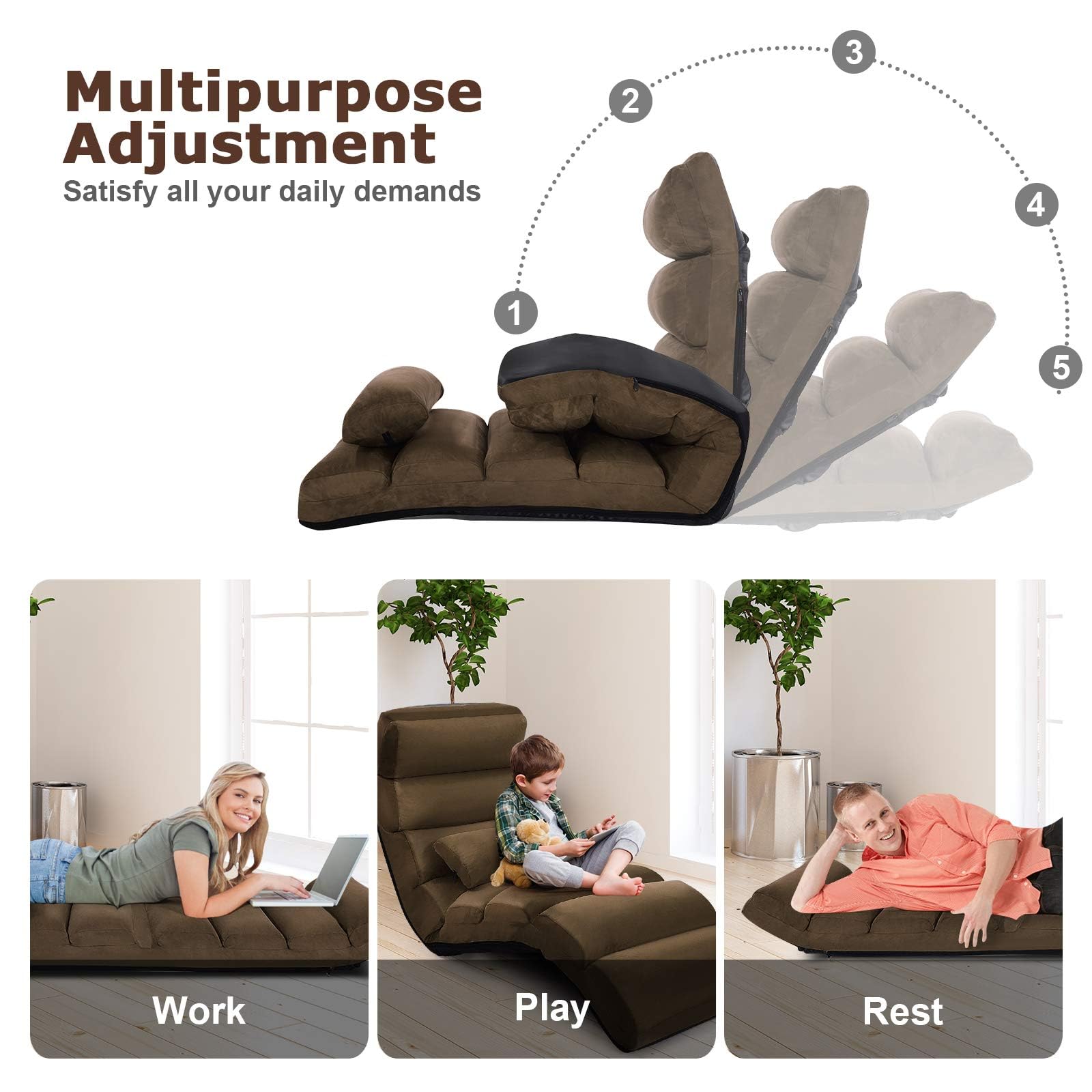 LIFEZEAL Sillón Relax Ajustable en 5 Posiciones, Sofá Relax de Suelo Plegable, Sofá Perezoso de Gamuza y Tejido Poliéster, Tumbona de Relajación con Capacidad de Carga de 120 KG (Marrón)