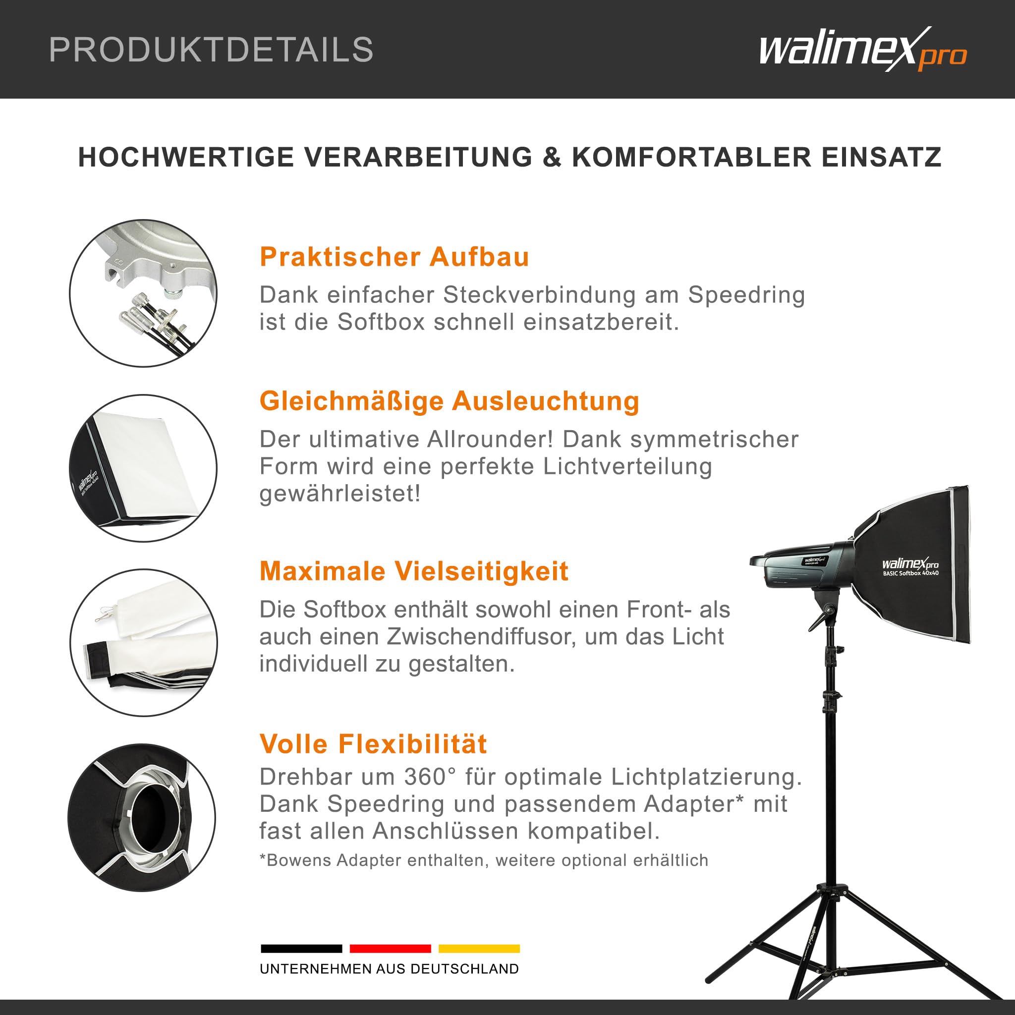 Walimex pro Softbox 40x40cm, ruotabile a 360°, incluso diffusore frontale e intermedio, borsa per il trasporto, adattatore Bowens, ideale per la fotografia di prodotti e persone