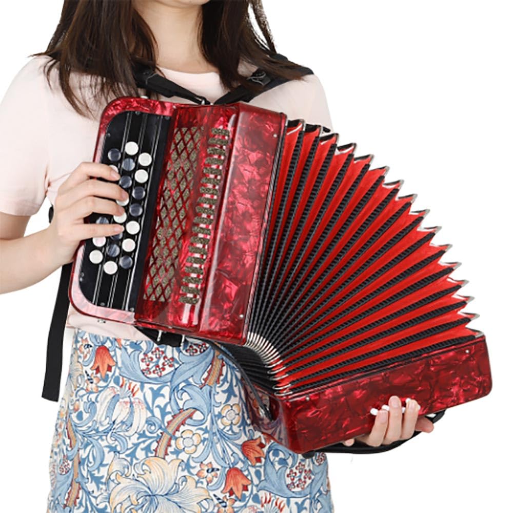 Fisarmonica, 22 tasti 8 bassi pulsante accordatura per principianti, cinghia da polso regolabile, strumento musicale portatile con borsa per il trasporto (rosso)