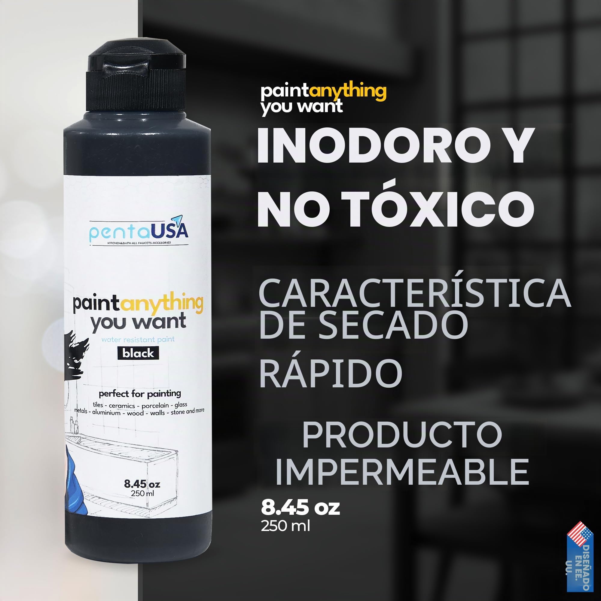 Pintura Multisuperficie - Pintura Impermeable Multiusos para Baño, Bañera, Azulejos, Lavabo, Muebles de Cocina, Encimeras, Madera, Mobiliario - Mate, 250ml (Negro)