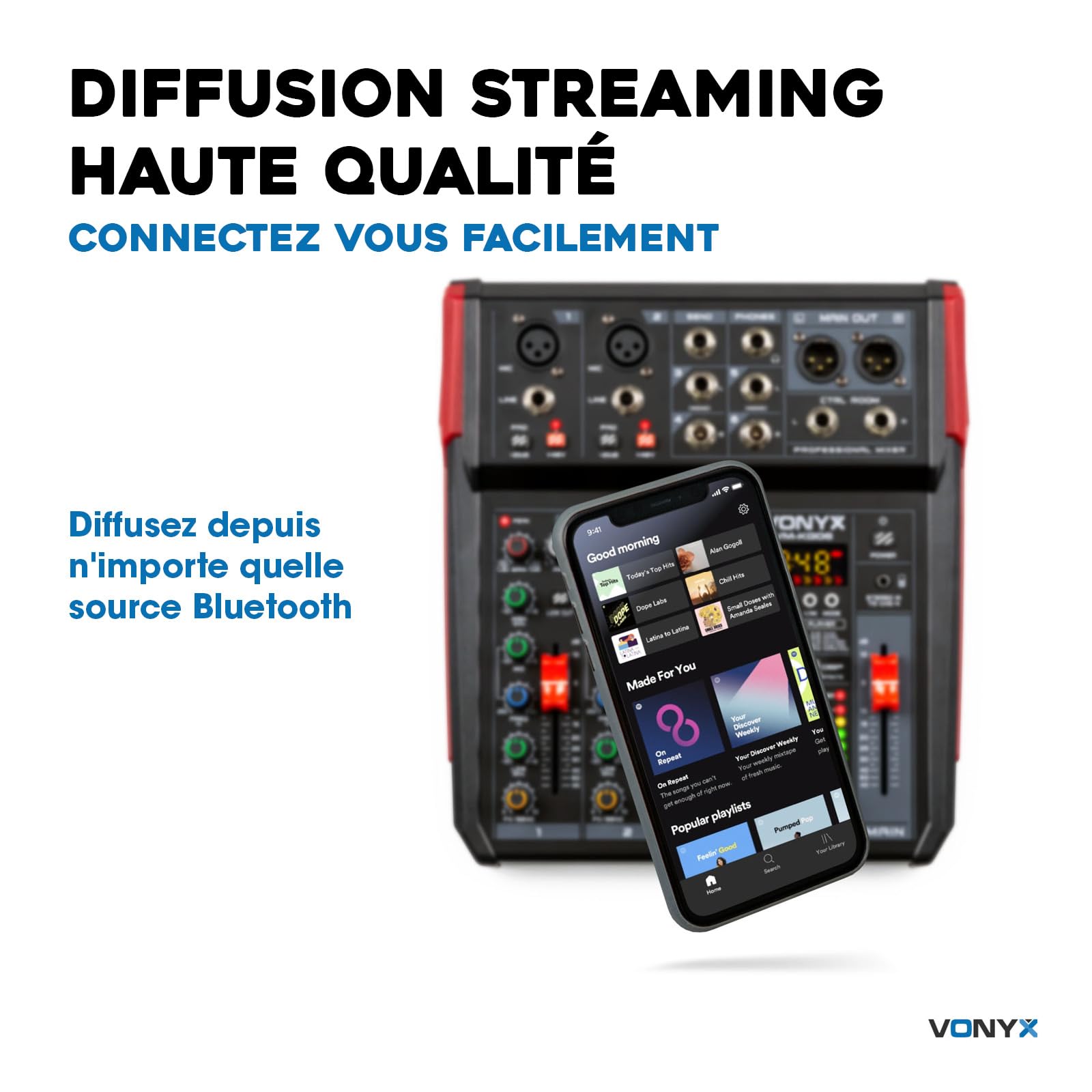 Vonyx VM-KG06 Console de Mixage 6 Canaux - Avec Bluetooth, Lecteur MP3, Interface Audio USB, Processeur de Son, Alimentation Fantôme, Écran LED, Idéal pour les Bars, Petite Salles de Concerts