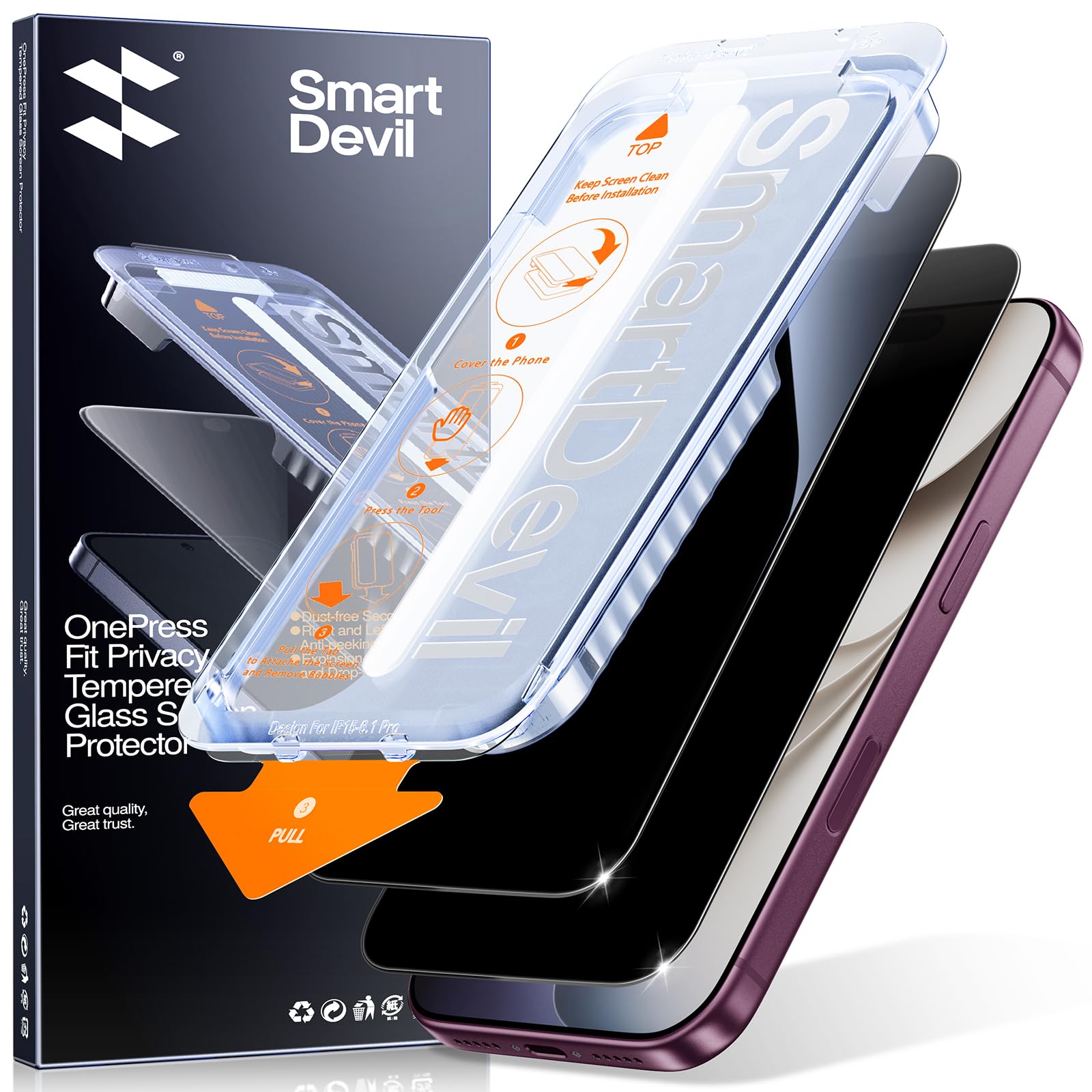SMARTDEVIL Confezione da 2 pellicole protettive per la privacy per telefono pro2027, 28° anti-spia, in vetro temperato 9H, resistente a urti e graffi, struttura di installazione automatica senza bolle
