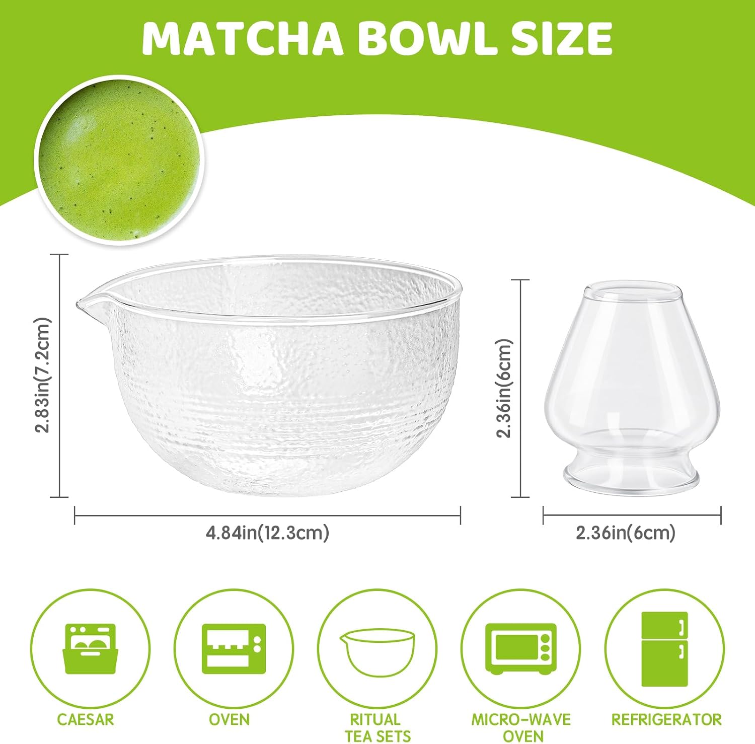 Matcha Bowl and Whisk Holder Set, 18 oz Glass Matcha Bowl with Spout, Japanese Ceremonial Mixing Chawan, Clear Traditional Matcha Kit, Cute Salad Mixing Bowl Cup-2pcs