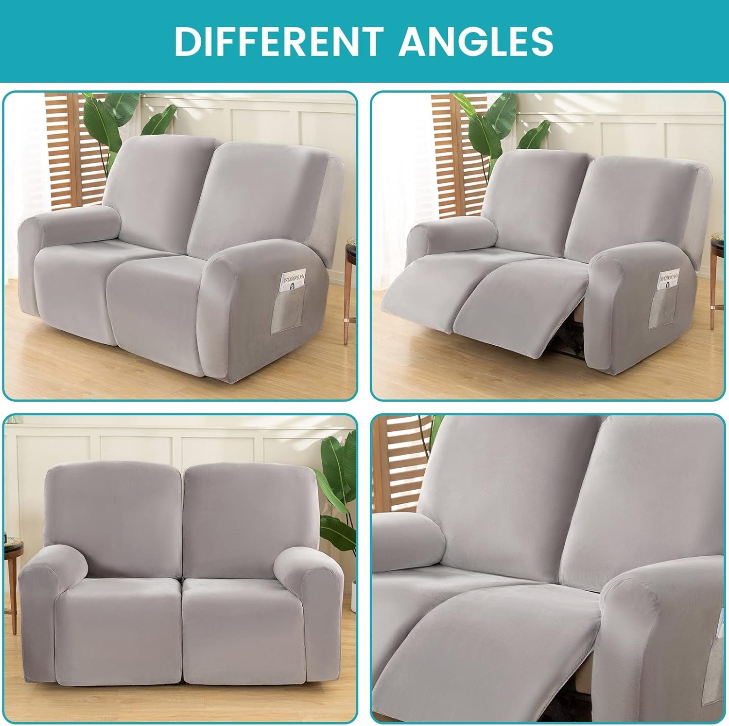 cjc 100% Velvet Recliner Chair Cover, Non Slip Mult-Pieces Recliner Covers for Recliner Chair with Pocket, Washable Reclining Chair Cover Furniture Protector for Kids, Pets (Light Gray, Loveseat)