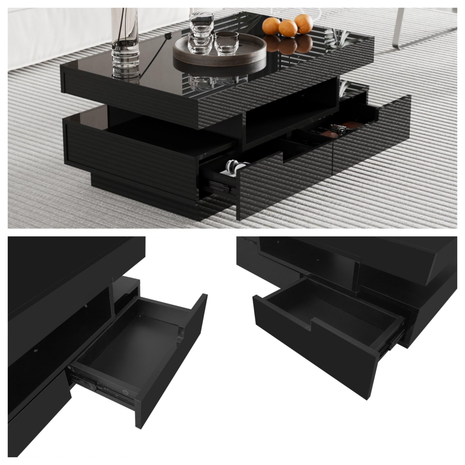 Tavolino Da Salotto Nero Con Cassetto E LED - Design Moderno, Piano Lucido, In MDF, Dimensioni 95x55x32 Cm