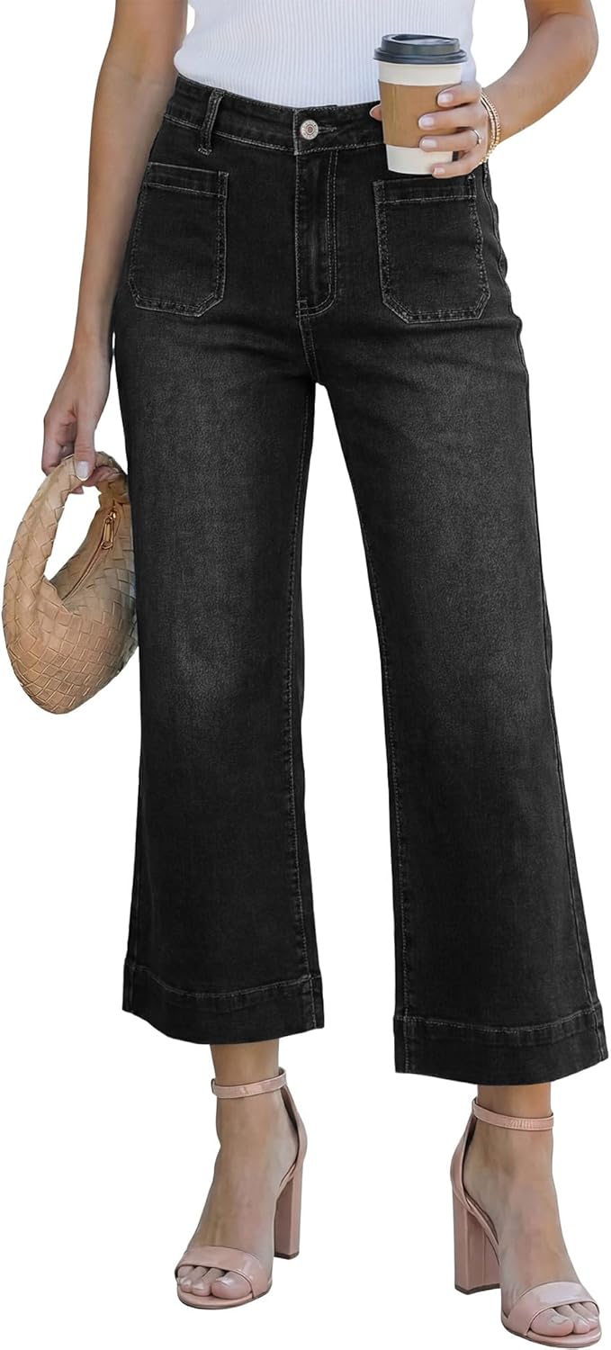 SANMM Jeans for Women High Waisted Wide Leg Flare Jean Cropped Denim Pants Stretchy with Pockets