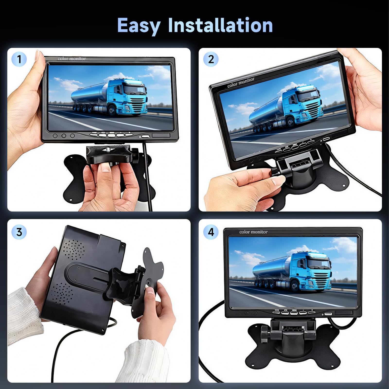 Podofo Cámara Marcha Atrás con Monitor 7" y 2 Cámaras, Visión Nocturna 18 LED IR, IP68 Impermeable, Líneas de Guía Ajustables, 9-35V para Camión RV Autobús
