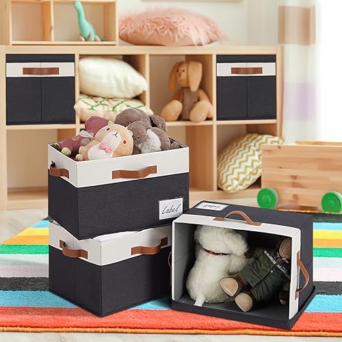 Miniatura 6 de GhvyenntteS Contenedores de almacenamiento extra grandes con tapas, cajas de almacenamiento plegables de tela con tapas y 3 asas de cuero, cestas