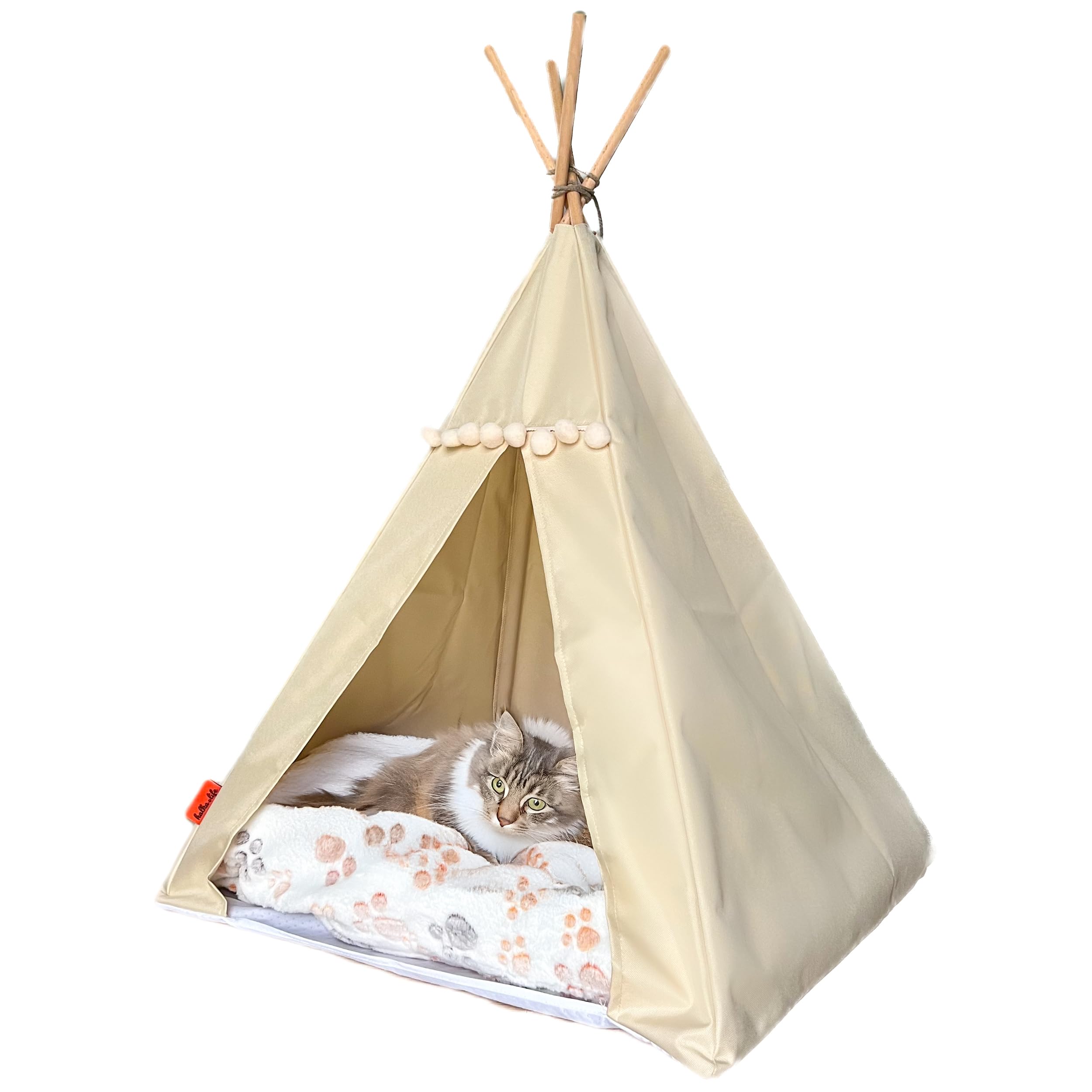 Pet Teepee with Stabilizer and Soft Blanket - Cat or Dog House, Cave, Igloo, Hut, Wigwam (M, Beige, Beige)