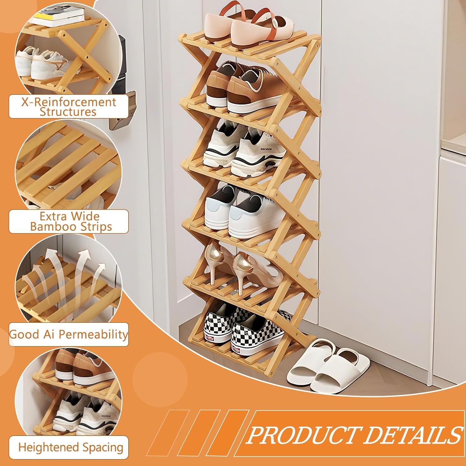 Kiss Me Étagère À Chaussures Pliable en Bambou 7 Niveaux Petit Meuble | Petit Meuble À Chaussures Vertical En Bois, Pour Espace ÉtroiT, Sans Installation, Intérieur Pour Couloir, Entrée