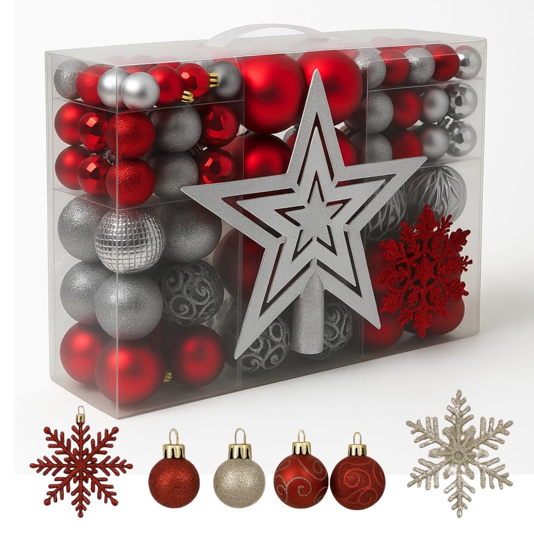 Trendi 106 Pcs Christmas Ball Ornaments Set with Tree Topper – Shatterproof Baubles for Christmas Tree Decorations, Holiday Ornament Set for Home, Party & Festive Décor (Red and Silver)