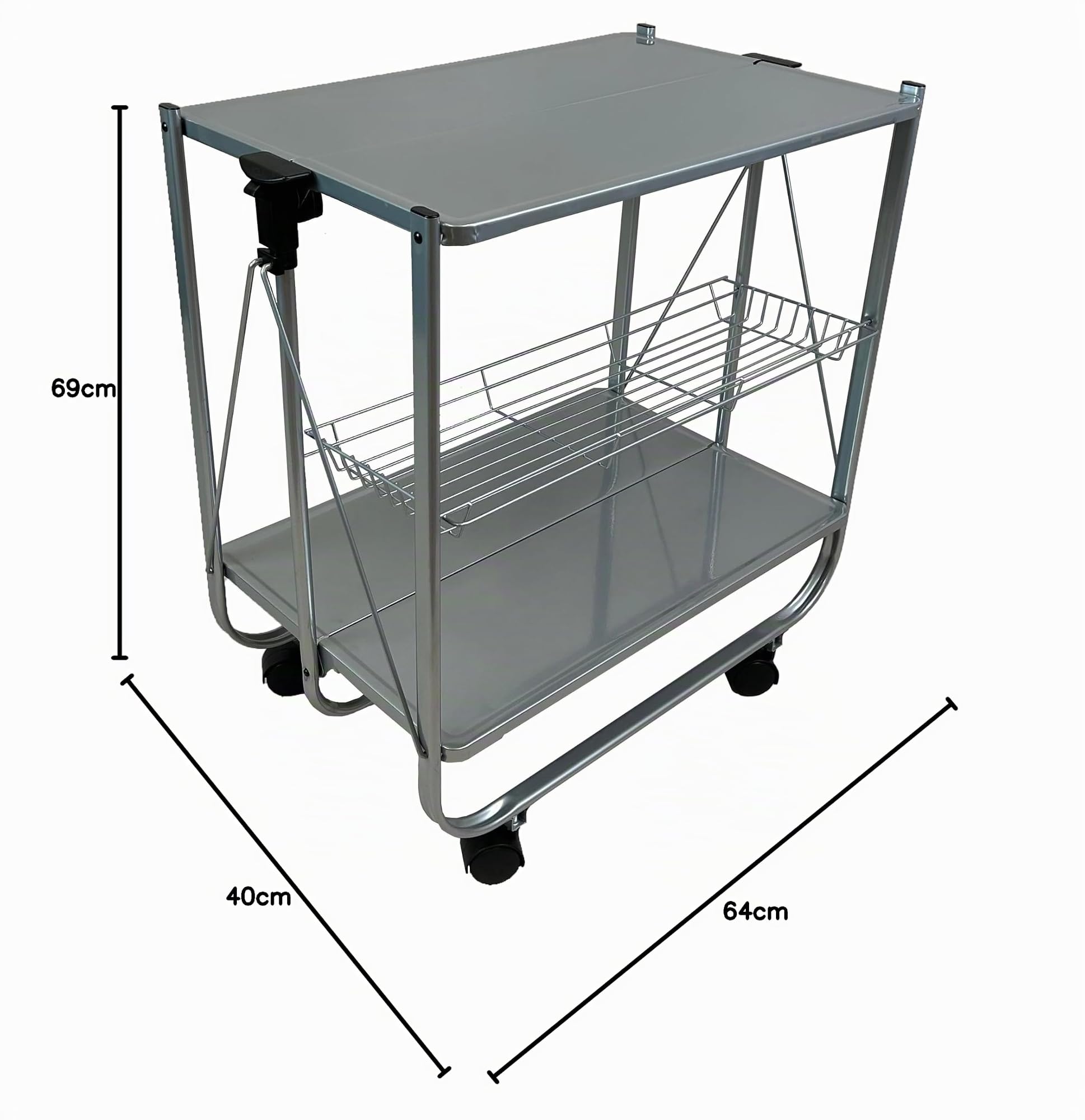 abc HOME | Servierwagen Klappbar Grau 70cm Hoch – Mobiler Küchenwagen mit Rollen – Platzsparende Dinette faltbar – Beistellwagen mit 3 Etagen