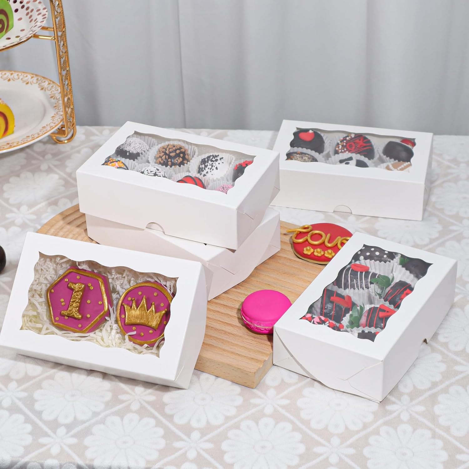 100pcs White Rectangular Bakery Boxes with Window, 7x4.3x2 Inches, Perfect for Cookies, Macarons, Chocolate Covered Strawberries, and More