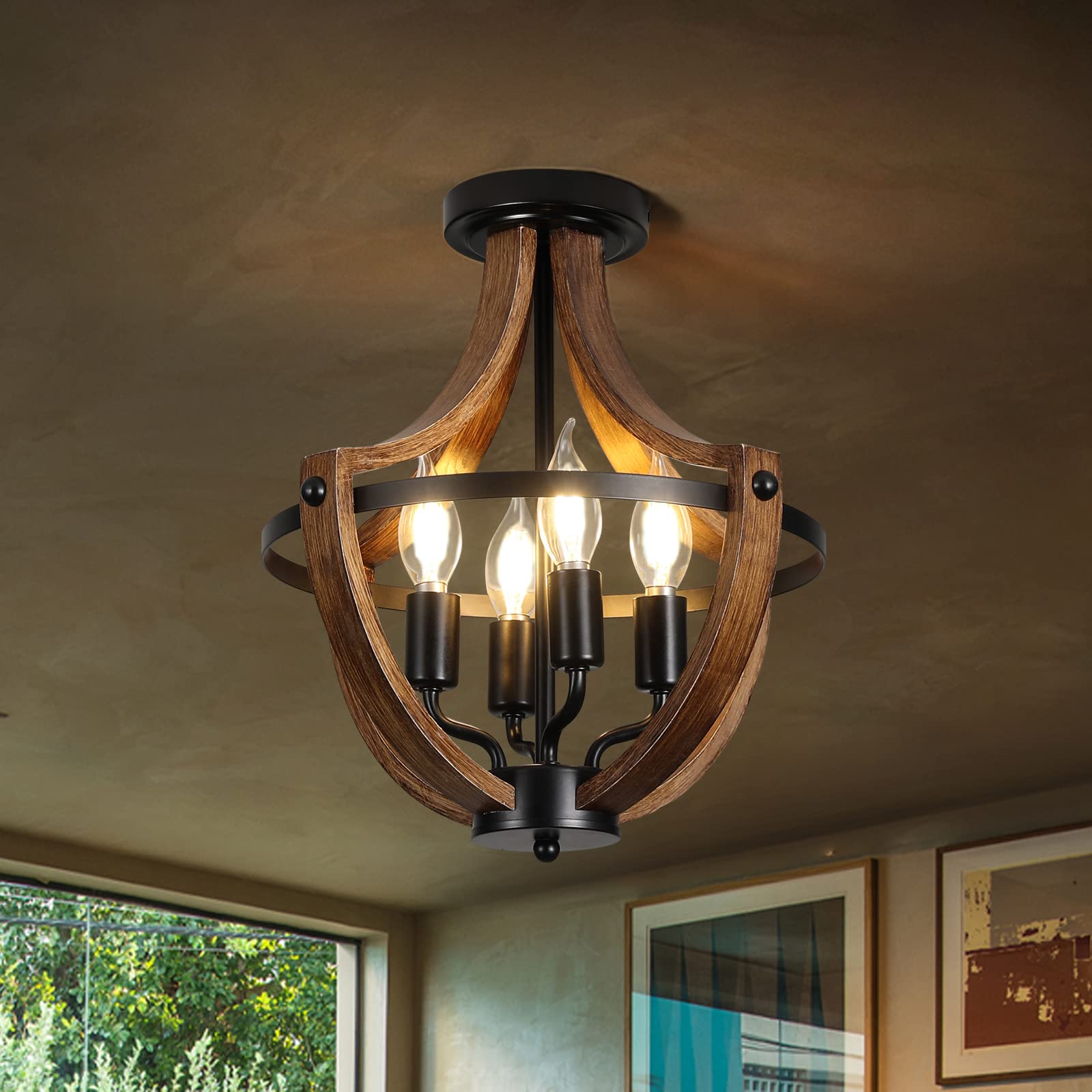 Buy 14" Modern Farmhouse Ceiling Light Fixture, Wood 4Lights Hanging