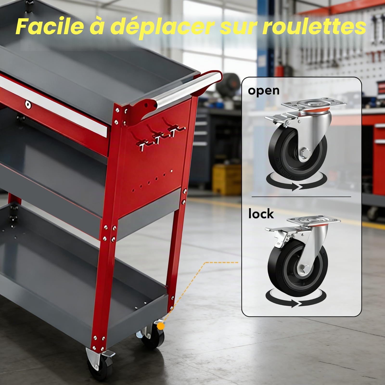 AIRAJ Chariot d'atelier à 3 Tiroirs/Capacité Jusqu’à 200kg/Chariot à Outils est Équipé de Tiroirs Verrouillables et de Panneaux Latéraux.pour Garage et Atelier de Réparation (Rouge).