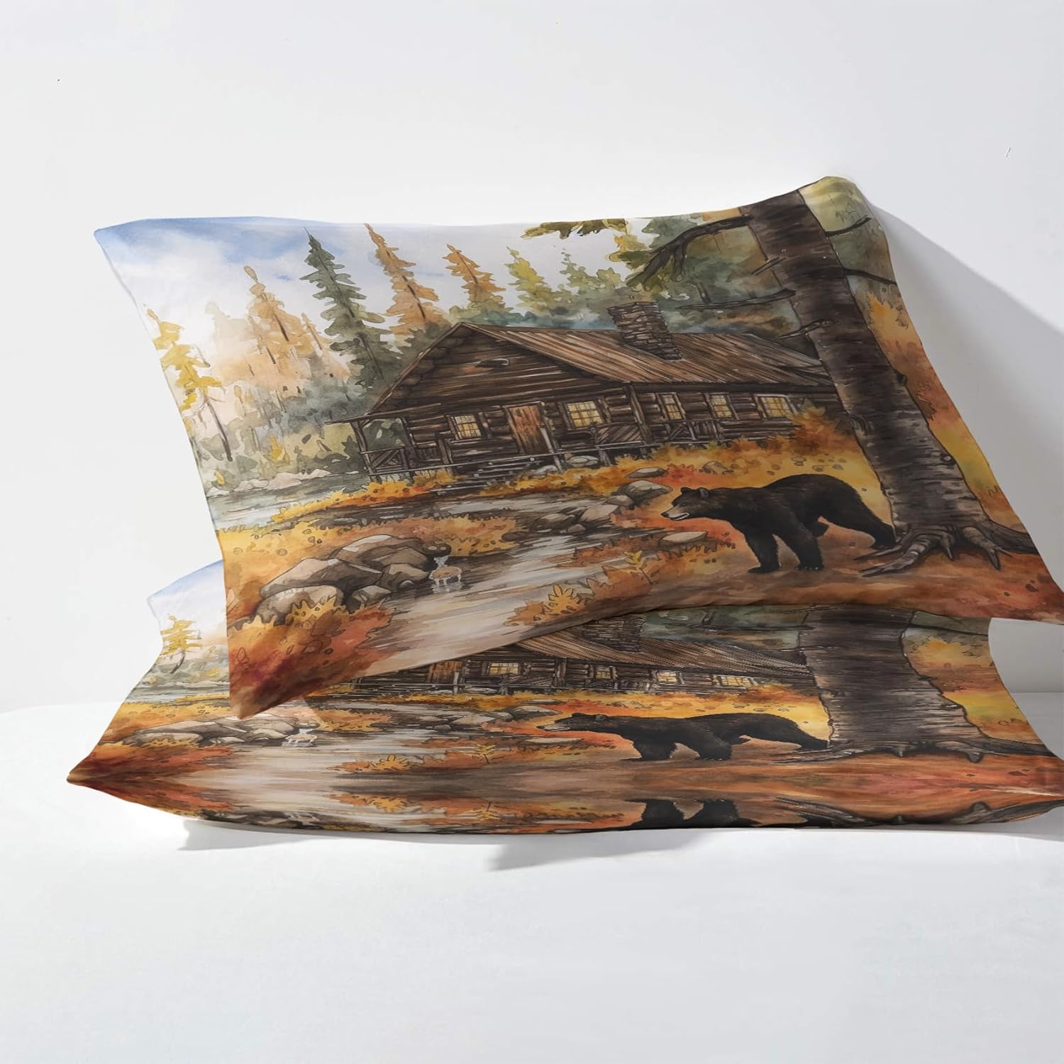 Bear Pillowcase for Room Decor & Gift, Wildlife Pillow Cases King Size Set of 2, Rustic Hunting Printed Bed Pillow Covers with Zipper, Cozy Microfiber