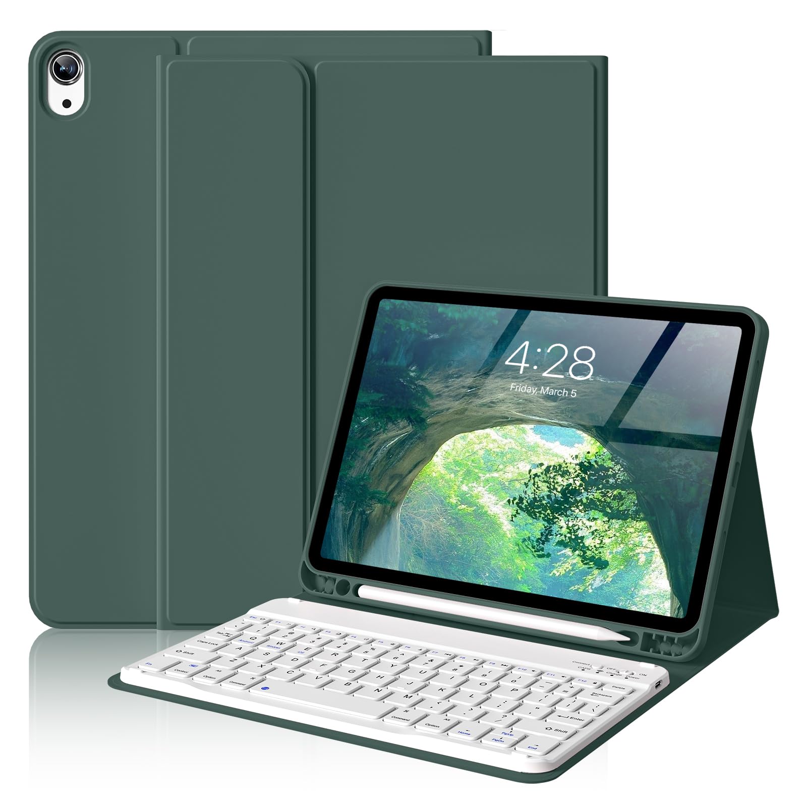 ZKTUYU for iPad Air 11 inch (M3 2025 / M2 2024) & iPad Air 10.9-inch (Air 5th/4th Generation) Case with Keyboard, Detachable Wireless Bluetooth Keyboard with Pencil Holder (Dark Green)