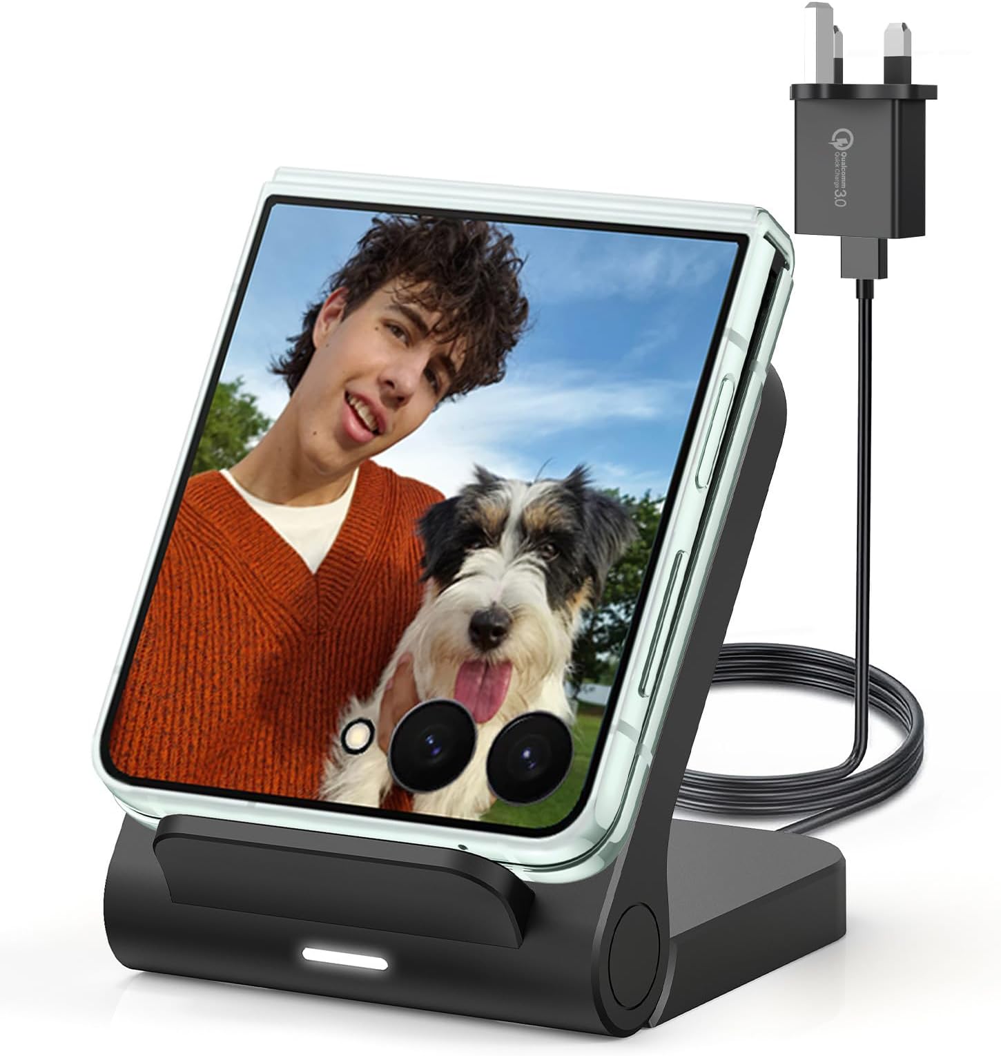 Wireless Charger for Samsung Galaxy Z Flip, 15W Fast Wireless Charging Stand, Compatible with Z Flip 7/6/5/4, for Motorola Razr/Razr+/Razr Ultra 2025, Non-Fold (QC3.0 Adapter Included) Black