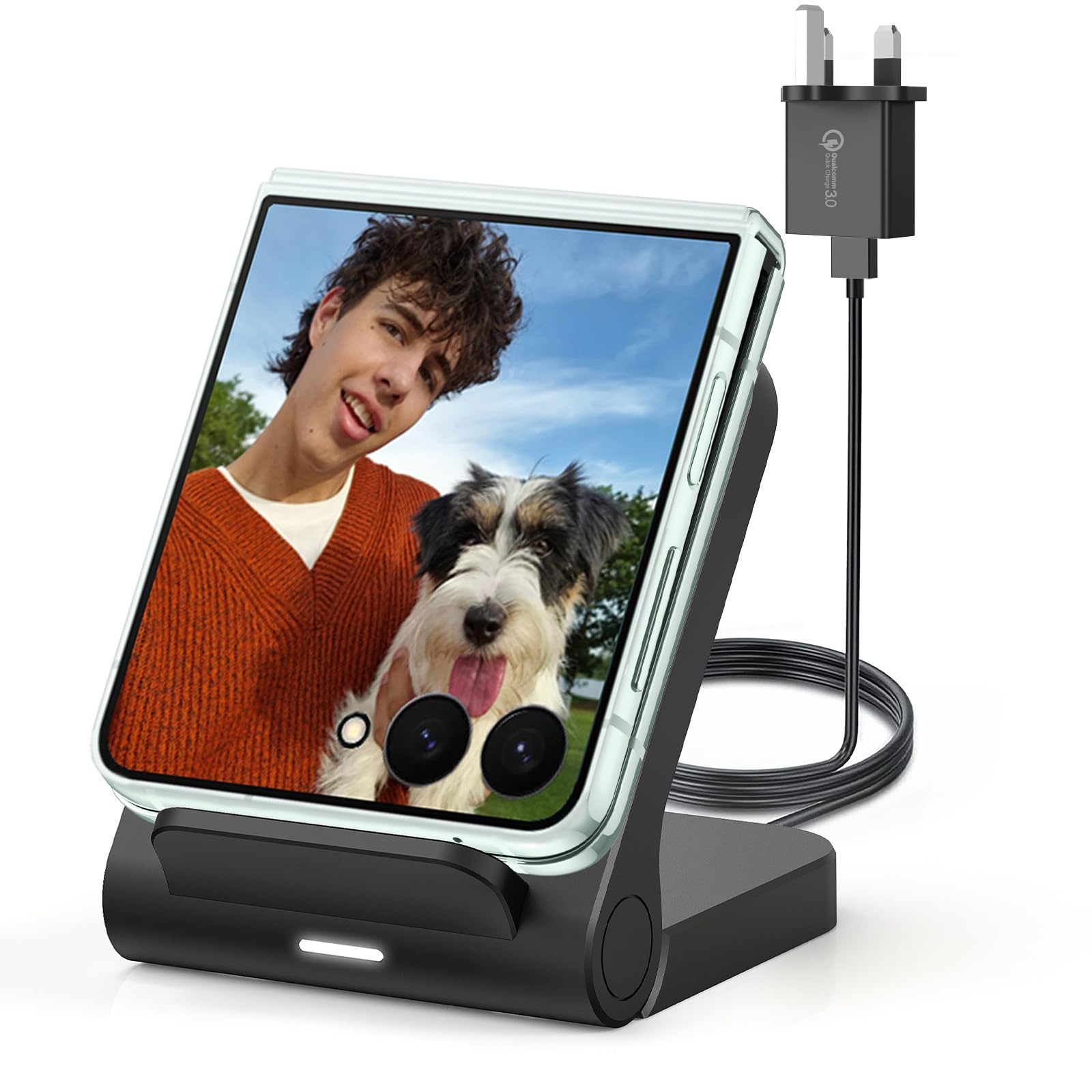 Wireless Charger for Samsung Galaxy Z Flip, 15W Fast Wireless Charging Stand, Compatible with Z Flip 7/6/5/4, for Motorola Razr/Razr+/Razr Ultra 2025, Non-Fold (QC3.0 Adapter Included) Black