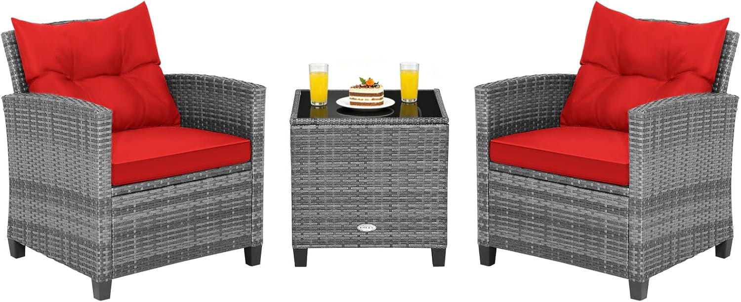 COSTWAY 3PCS Patio Furniture Set, PE Rattan Wicker Sofa w/Washable Cushion and Coffee Table, Tempered Glass Tabletop, Outdoor Conversation Set for Balcony, Porch, Yard, Backyard, Lawn, Red