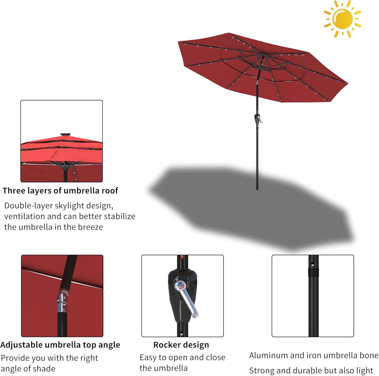 Boyel Living 10ft Patio Umbrella with Solar Lights 3-Tier Outdoor Table Umbrella Market Umbrella Pool Umbrella Outdoor Umbrellas for Patio