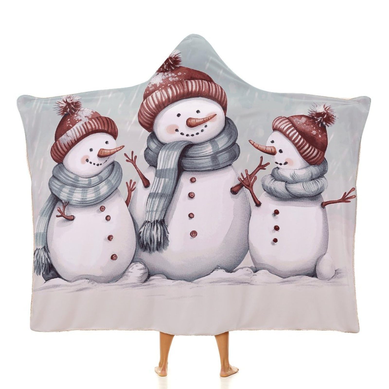 Winter Snowman Hooded Blanket Soft Wearable Blankets Cozy Hoodie Throw Cloak Wrap Poncho Cape Blanket 50"x60"