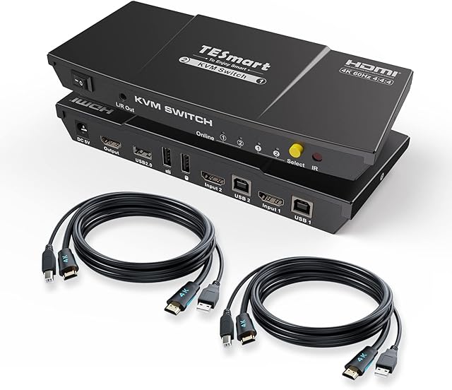 TESmart KVM Switch HDMI 2 Port 4K@60Hz RGB 4:4:4, Support EDID, USB 2.0 Device, Audio Out, Multimedia, Gaming Keyboard and Mouse, HDMI KVM Switcher for 2 Computers Sharing 1 Monitor with 2 KVM Cables
