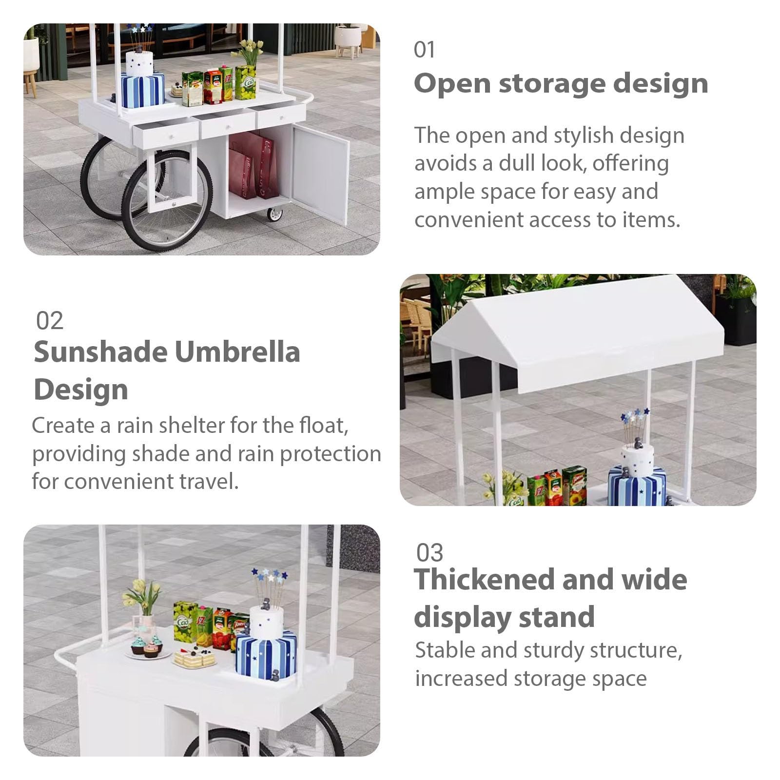 Carrito de Comida Callejero,Móvil de Venta Ambulante de Comida,Almacenamiento Abierto, Gran Capacidad de Carga,Acabado Pintado,para Tiendas minoristas en Calles.(Wit,140 * 70 * 200cm)
