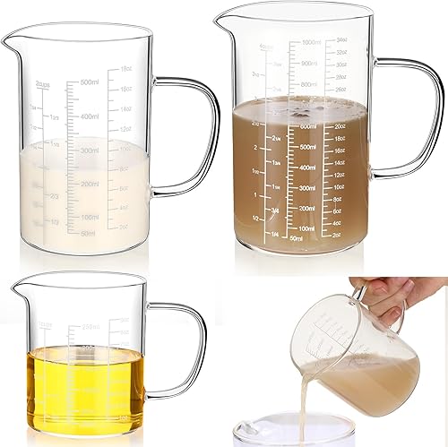 Miniatura 8 de Lallisa Paquete de 3 tazas medidoras de vidrio con asa y boquilla en forma de V, vaso de vidrio de borosilicato alto con 3 escalas (Oz, taza, Ml)