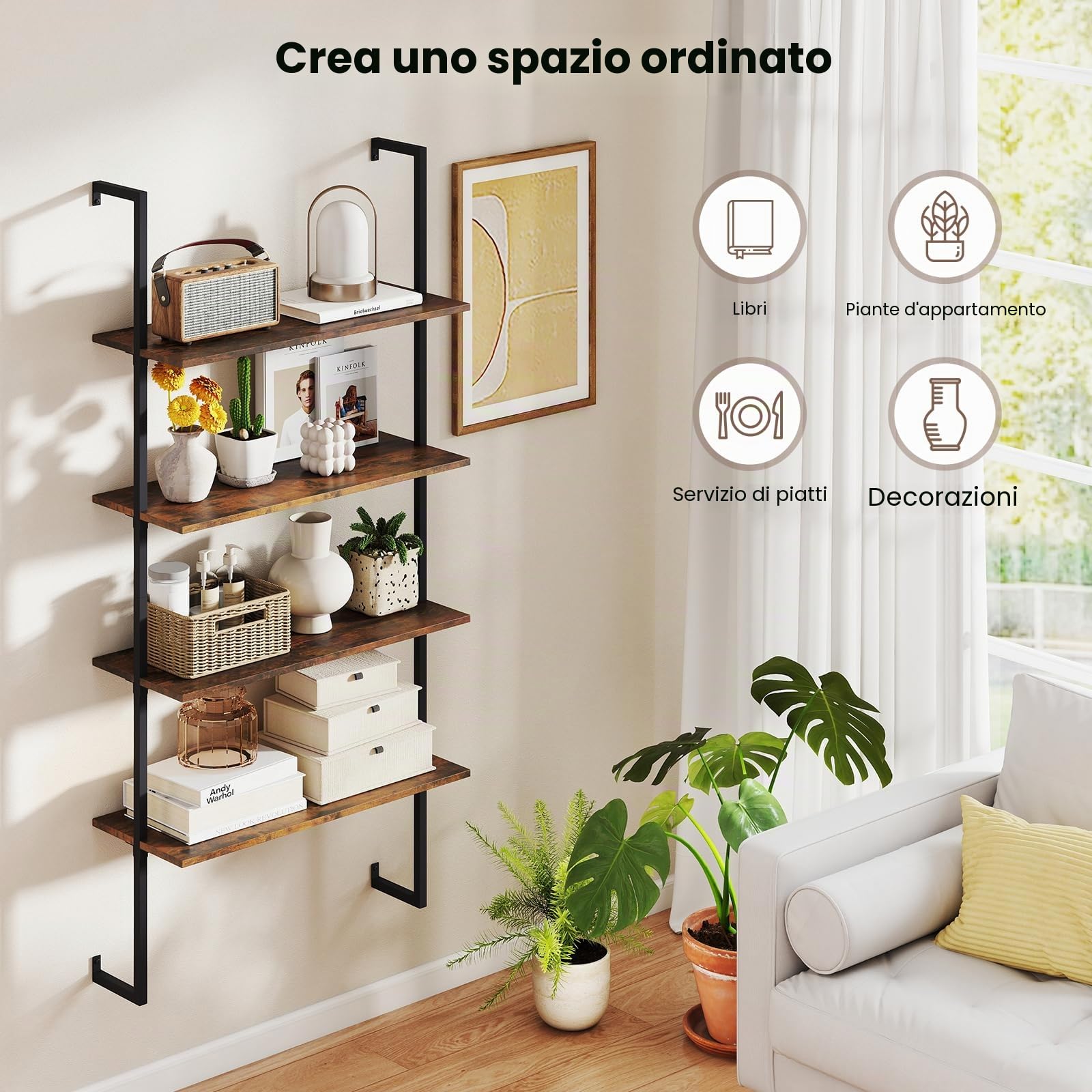 GIANTEX Mensola da Parete a 4 Ripiani, Scaffalatura Aperta con Telaio Metallico, Stile Industriale Sospeso, Salvaspazio 76 x 30 x 163 cm, per Cucina, Soggiorno, Camera e Ufficio