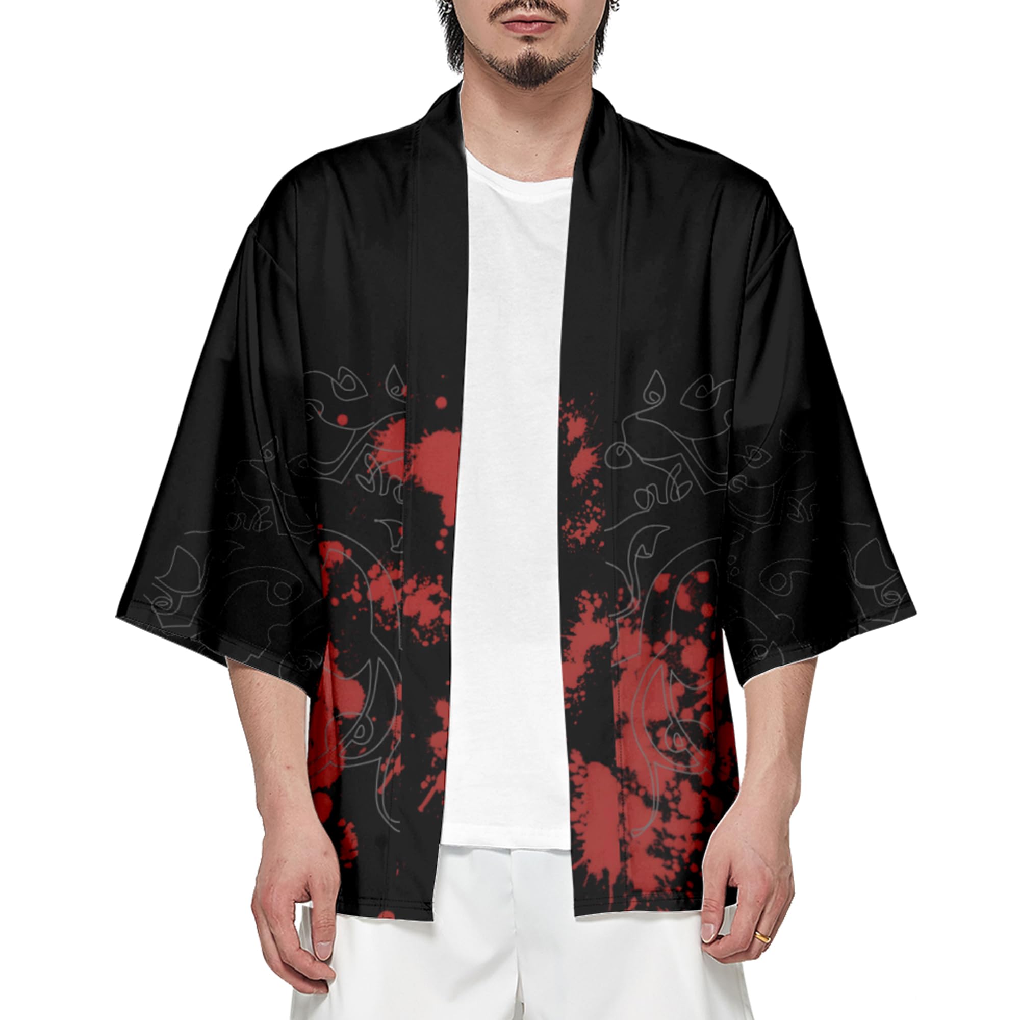 Doslavida - Set cardigan kimono giapponese da uomo, stile cinese, stampato, giacca e pantaloni, aperto sul davanti, a sette maniche