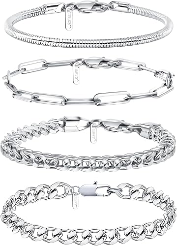 Ritach Pulsera de cadena cubana de acero inoxidable para hombres y mujeres, ancho de bordillo, cuerda de plata, juego de pulseras de cadena cubana