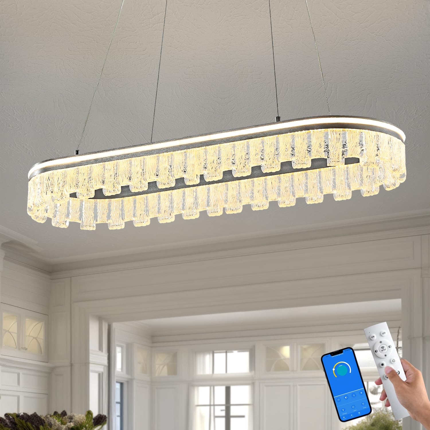 ChenSolara Modern Pendant Lights Kitchen Island, Dimmable Led Oval Runway Fixtures Silver Aluminum Bar Lights for Dining Room, Kitchen, Dining Room, Living Room