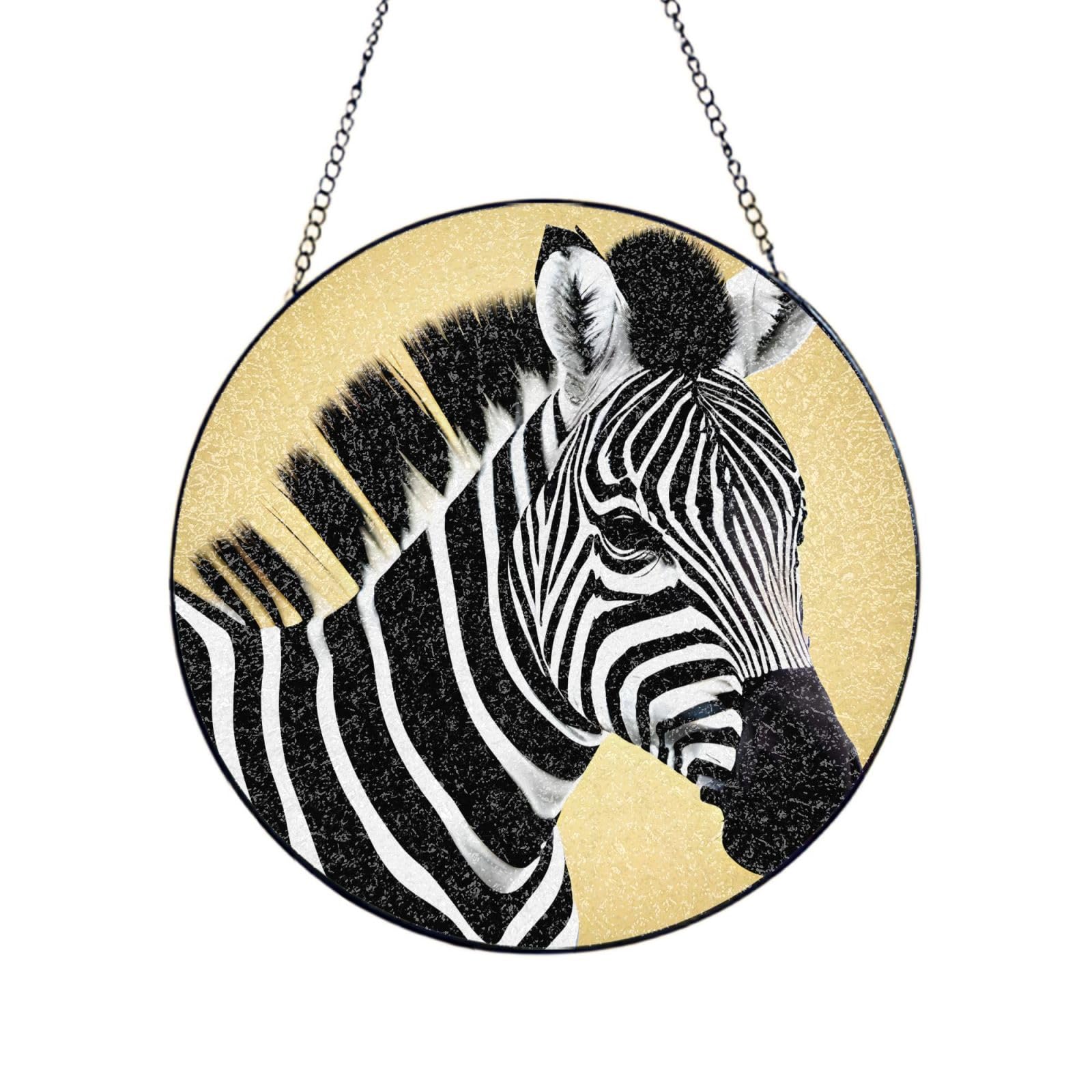 Phayah Black And White Zebra Print Glass Window Hanging Round Suncatcher Glass Ornament Garden Wall Fence Decorations Indoor Outdoor 6in（15cm）