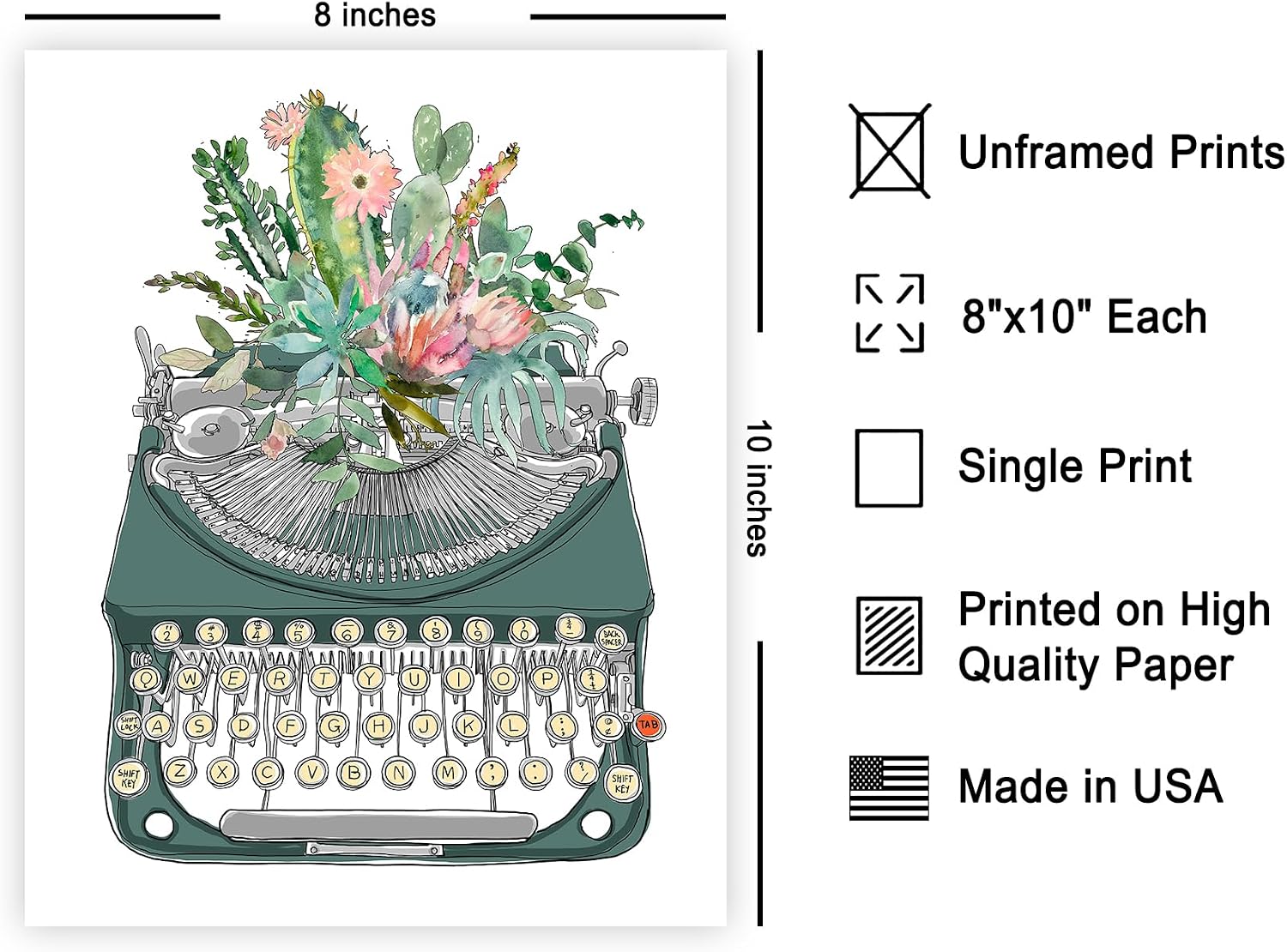 Poster Master Typewriter Poster - Floral Typewriter Print - Flower Art - Cactus Art - Gift for Men, Women & Students - Minimal Decor for Bedroom, Living Room, Dorm or Office - 8x10 UNFRAMED Wall Art