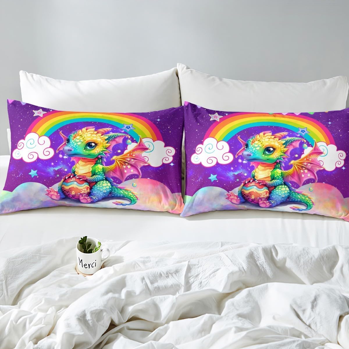 Feelyou Cute Dragon Bedding Set Twin Size Kids Dragon Rainbnow Print Comforter Cover Set for Girls Dragon Egg Pattern Duvet Cover Cloud Galaxy Purple Bedspread Cover Room Decor