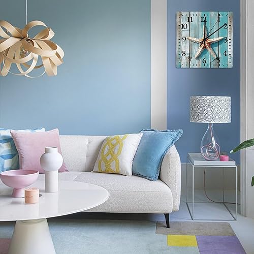 Miniatura 7 de Reloj de pared con estrella de mar, hora del océano, relojes de pared de madera costera, funciona con pilas, 12 pulgadas, sin tictac, decoración de