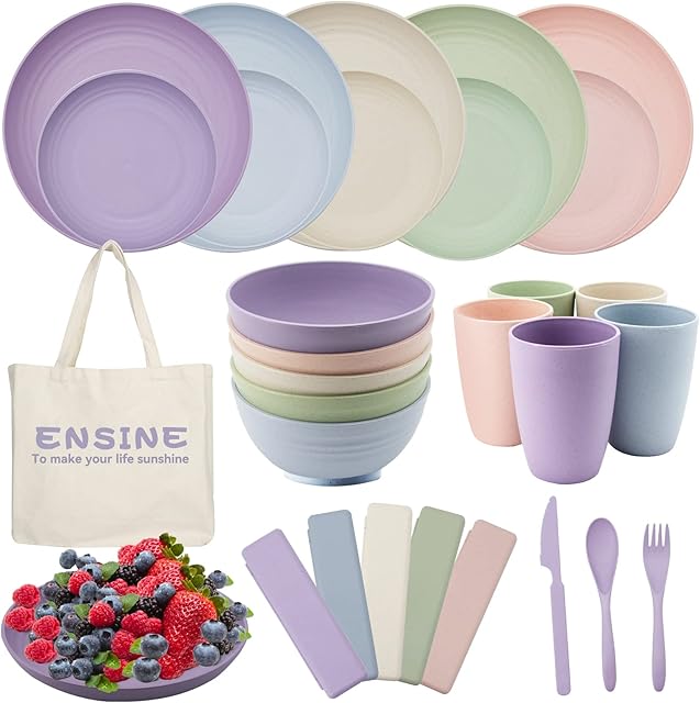 42PCS Plates and Bowls Set, Premium Plastic Dinner Sets with Carry Bag, Unbreakable Picnic Dinner Sets for 5 People Lightweight, Safe Plastic Plates, Cups, Bowls & Cutlery Set
