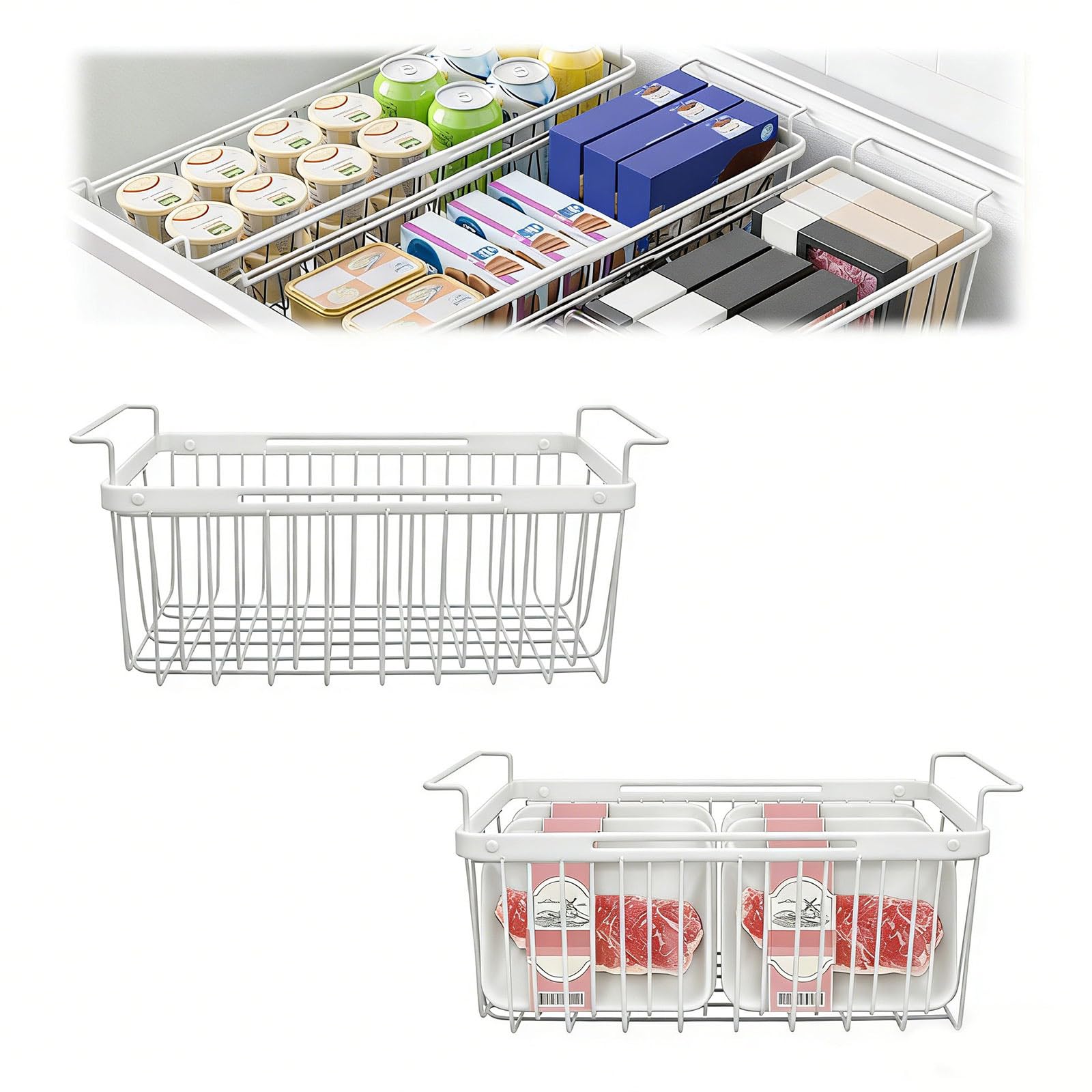 BigKing Organizer für Gefrierschrank, erweiterbar, Länge verstellbar 39-59,5 cm, Korb aus Metalldraht, platzsparender Aufbewahrungskorb (Weiß)