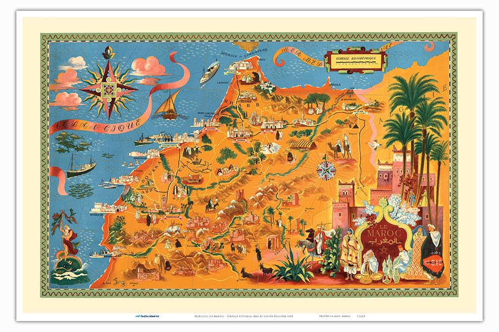 Marrocos (Le Maroc) - Mapa pictórico vintage de Lucien Boucher c